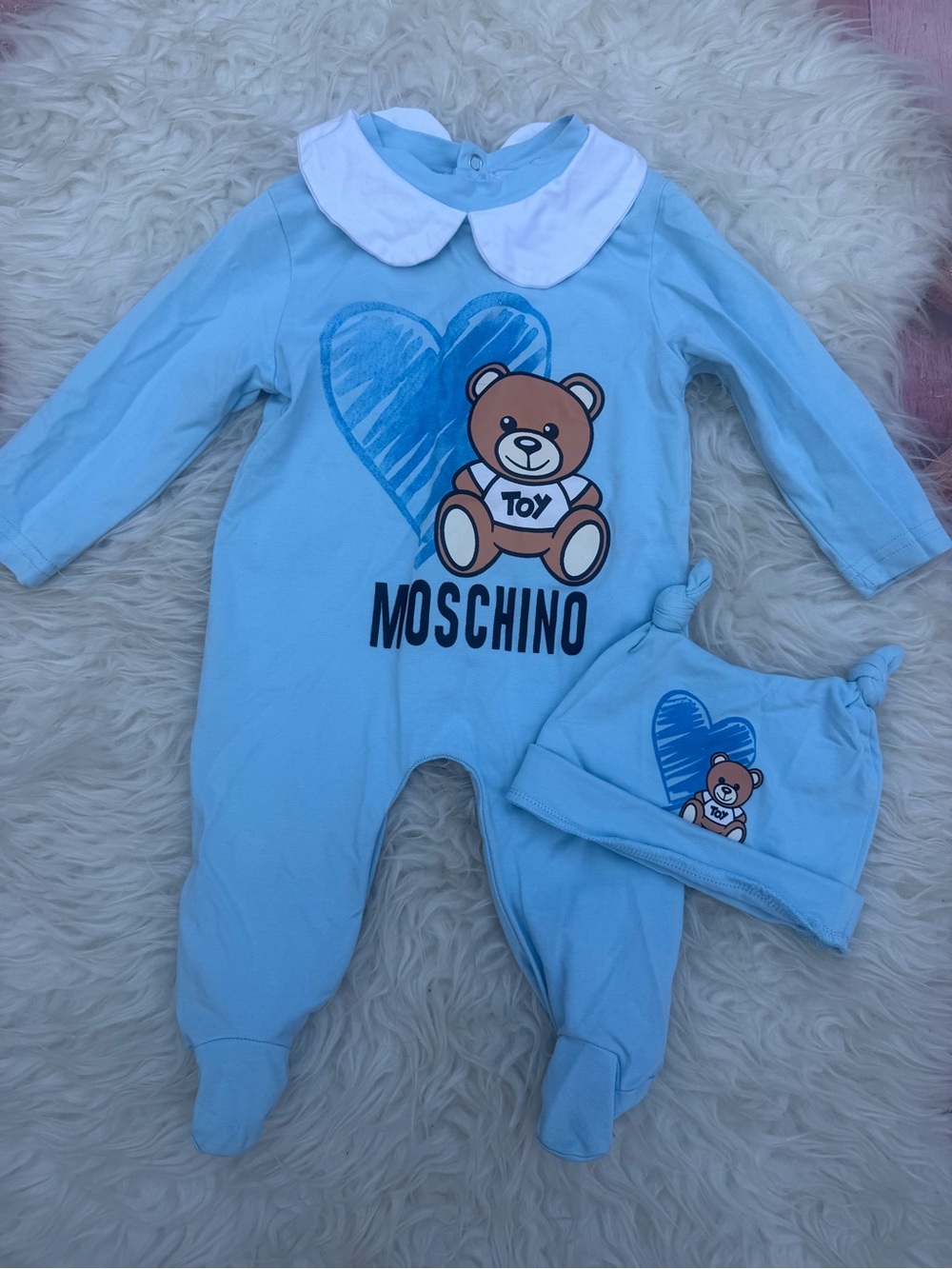 Moschino Baby Blue Teddy One-Piece with Hat